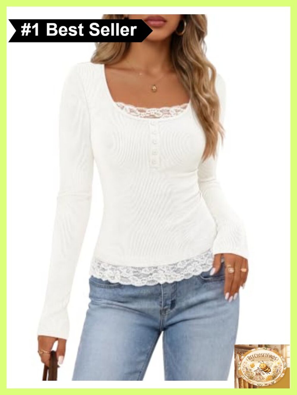 Womens Lace Trim Long Sleeve Scoop Neck Top Slim Fit Ribbed Knit